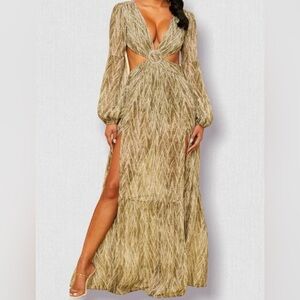 Luxxel Gold Patterned Maxi Dress with Cutouts